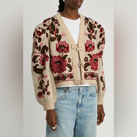 NWT Farm Rio Ravenala Floral-intarsia Knitted Cardigan Cream, Size L - Picture 2 of 15